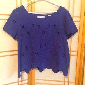 August Silk blue cotton short sleeved top with cutwork detail size PXL